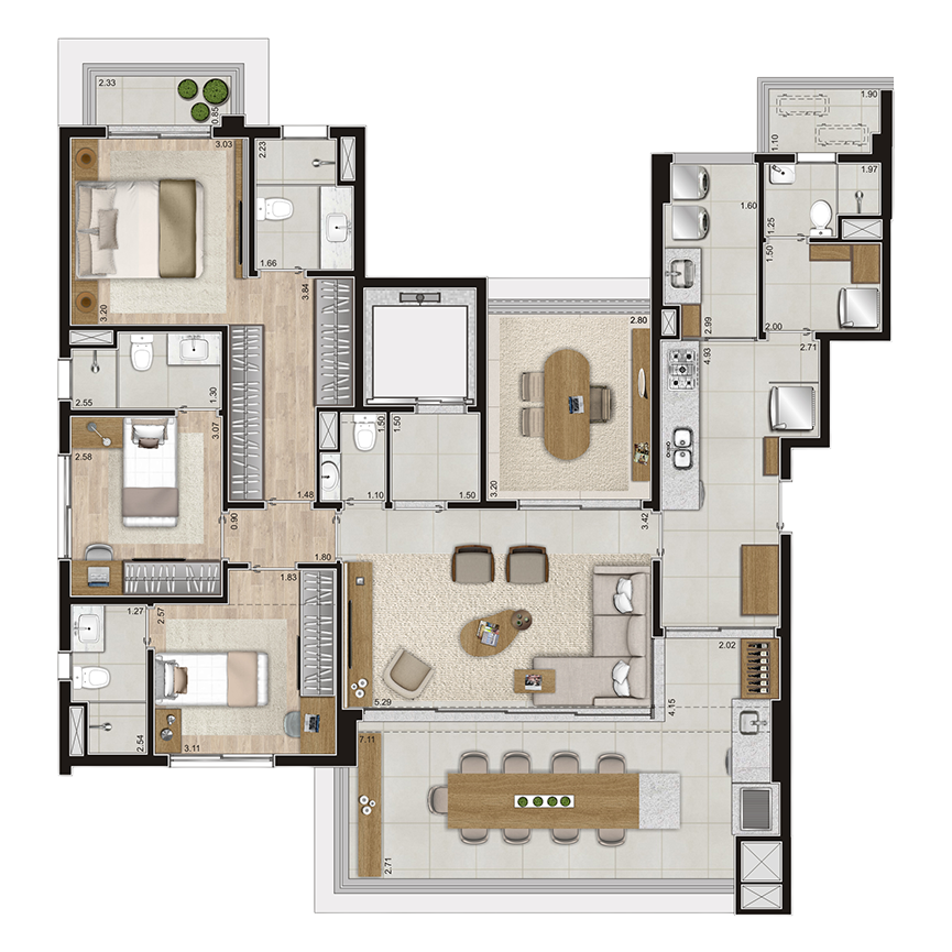 150 m² - Planta Tipo 3 suítes, 2 vagas 
