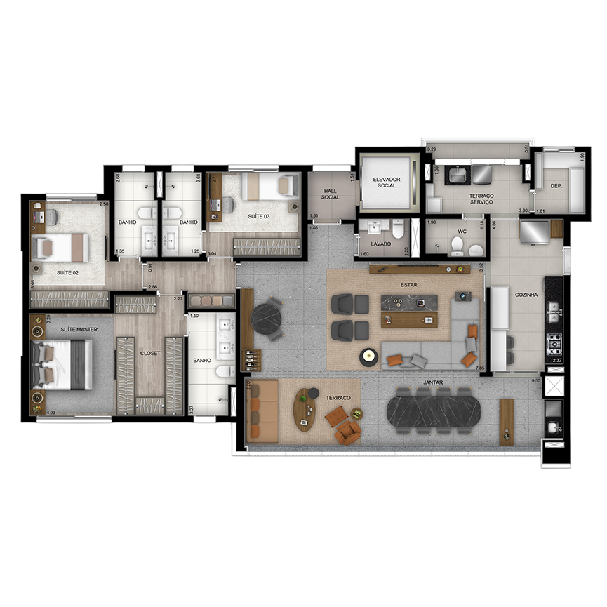 154 m² - Planta Terraço Unificado 3 suítes, 2 vagas 