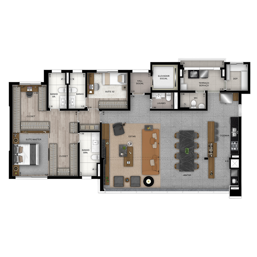 154 m² - Planta Suíte Master Unificada 3 suítes, 2 vagas 