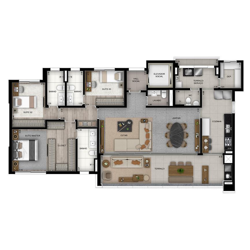 154 m² - Planta Tipo 3 suítes, 2 vagas 