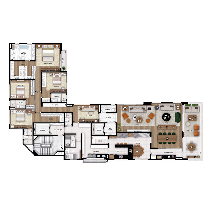 330 m² - Planta Tipo 01 4 suítes, 5 vagas 