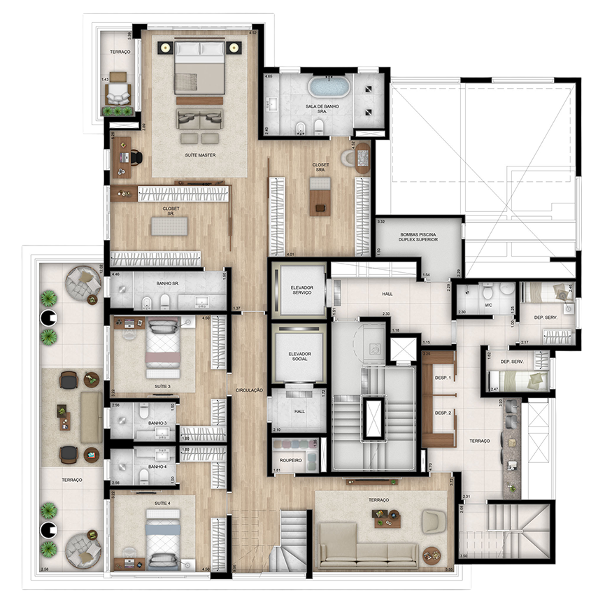 656 m² - Planta Duplex Inferior 4 suítes, 8 vagas + depósito 