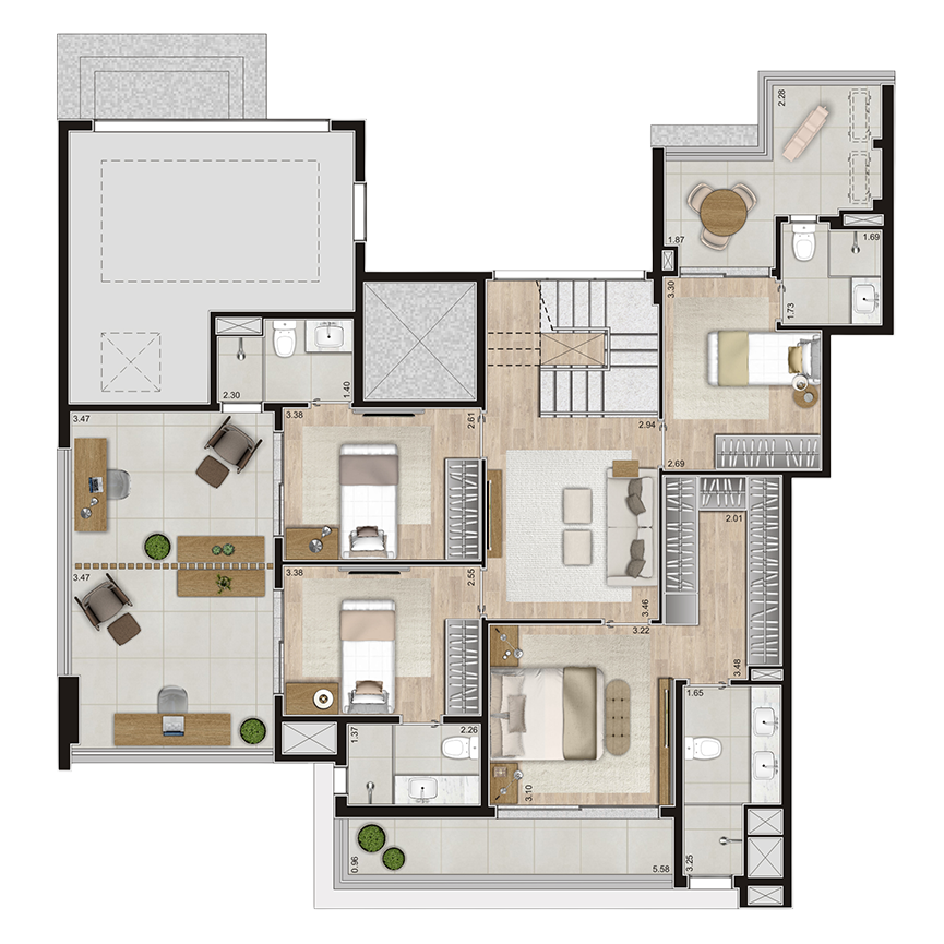 290 m² - Planta Cobertura Duplex Inferior 4 suítes, 3 Vagas