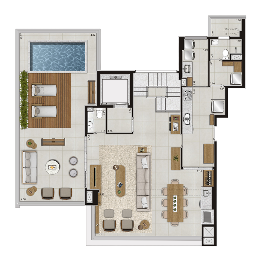 290 m² - Planta Cobertura Duplex Superior 4 suítes, 3 Vagas