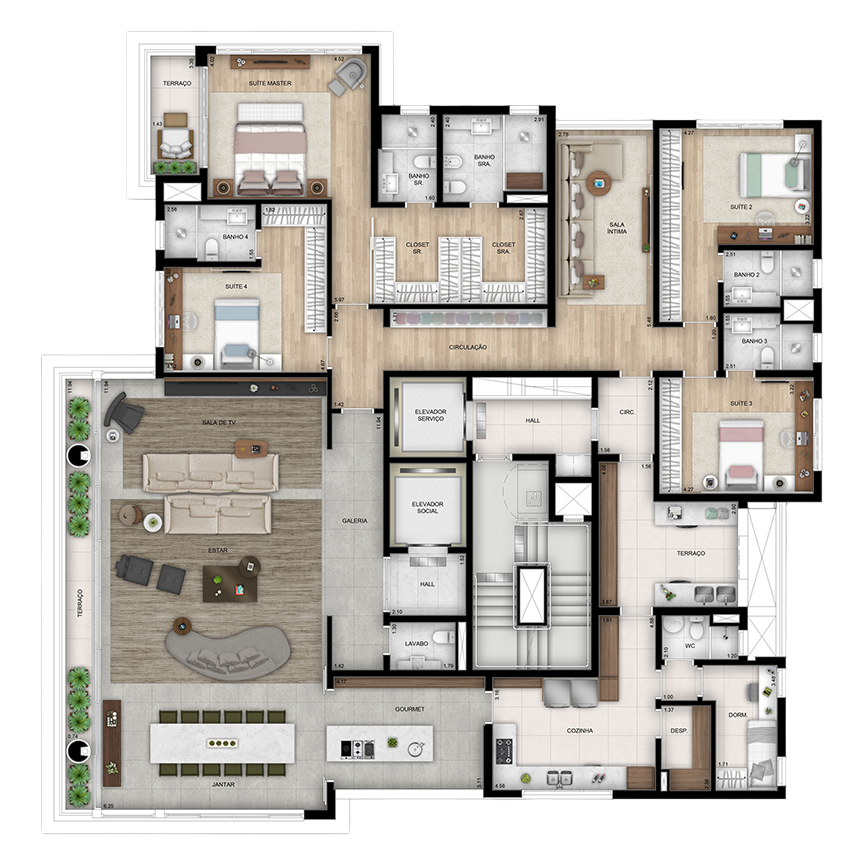 355 m² - Planta Tipo  4 suítes, 5 vagas + depósito 