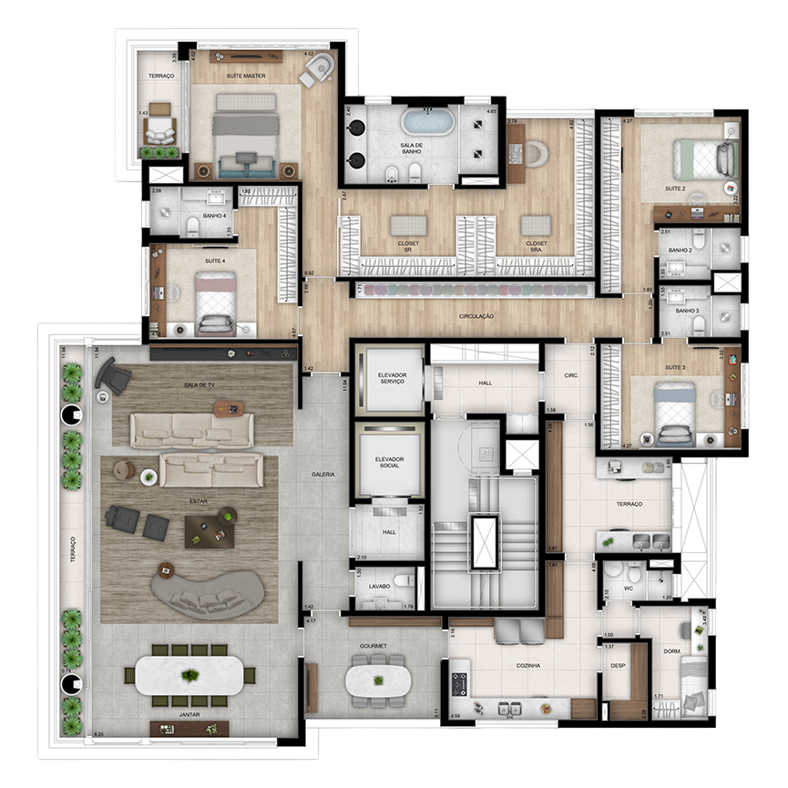 355 m² - Planta Tipo  4 suítes, 5 vagas + depósito 