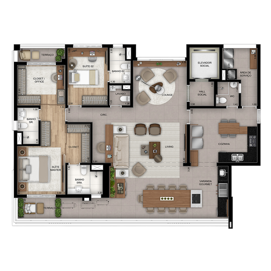 160 m² - Planta Suíte Unificada 3 suítes, 3 vagas 
