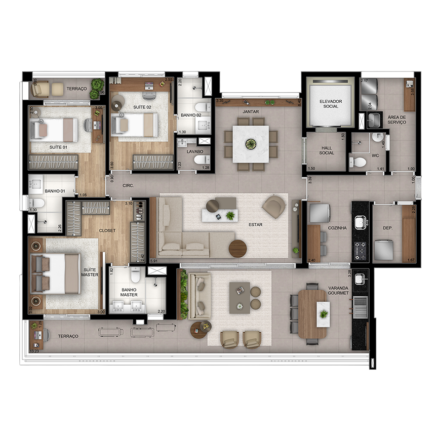 160 m² - Planta Tipo 3 suítes, 3 vagas 