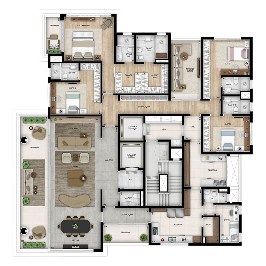 355 m² - Planta Tipo  4 suítes, 5 vagas + depósito 