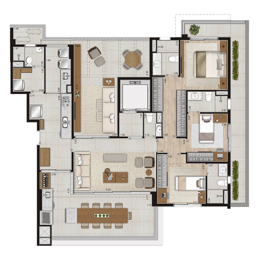179 m² - Planta Garden 3 suítes, 2 Vagas